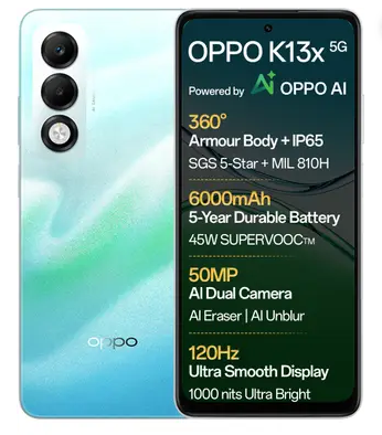 OPPO K13x 5G 6000mAh and 45W SUPERVOOC Charger & AI (Breeze Blue, 128 GB)  (6 GB RAM)